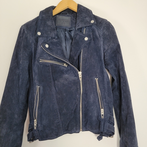 Blank NYC Jackets & Blazers - Blank NYC Dark Blue Soft Suede Leather Jacket Moto Zippers Snaps Buckles Medium